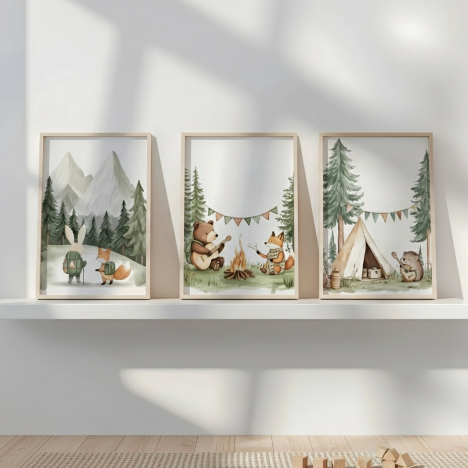 Set van 3 Canvas 'Dieren die Kamperen'