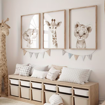 Set van 3 Canvas 'Olifant, Giraffe & Leeuwin'