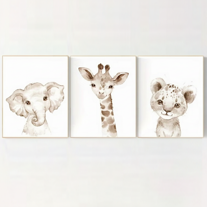 Set van 3 Canvas 'Olifant, Giraffe & Leeuwin'
