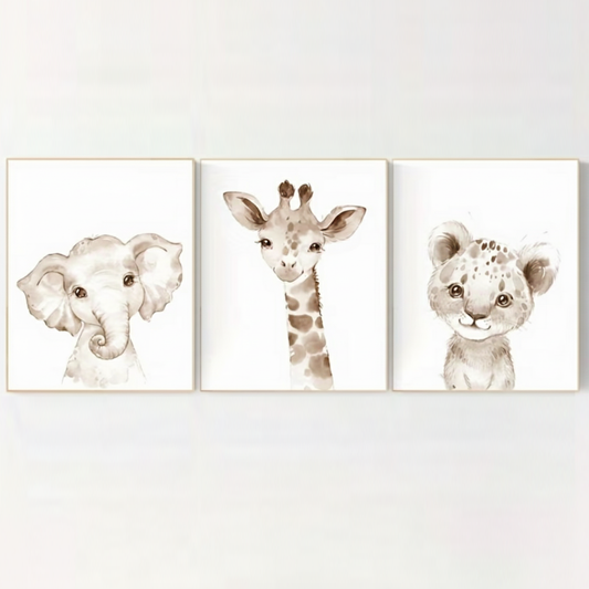 Set van 3 Canvas 'Olifant, Giraffe & Leeuwin'