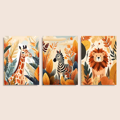 Set van 3 Canvas 'Gekleurde Safari Dieren'