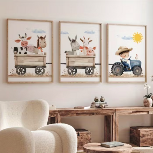 Set van 3 Canvas 'Jongen op Trekker met Dieren'