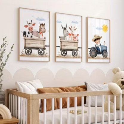 Set van 3 Canvas 'Jongen op Trekker met Dieren'