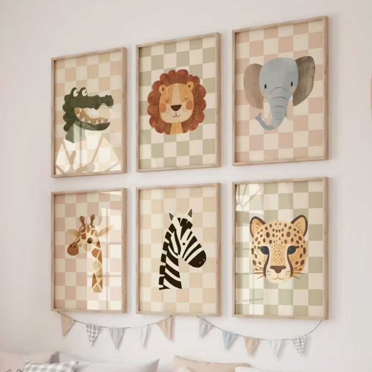 Set van 6 Canvas 'Dieren op Dambordpatroon'