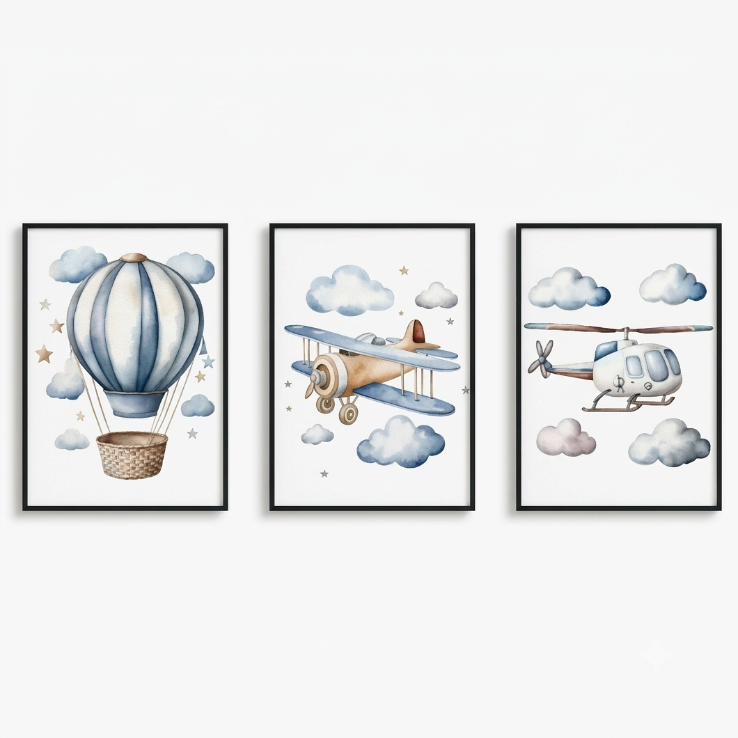 Set van 3 Canvas 'Blauwe Vliegtuigen'