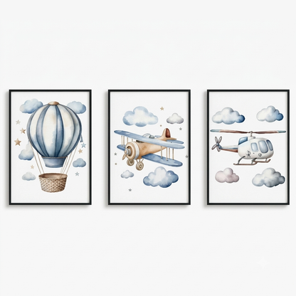 Set van 3 Canvas 'Blauwe Vliegtuigen'