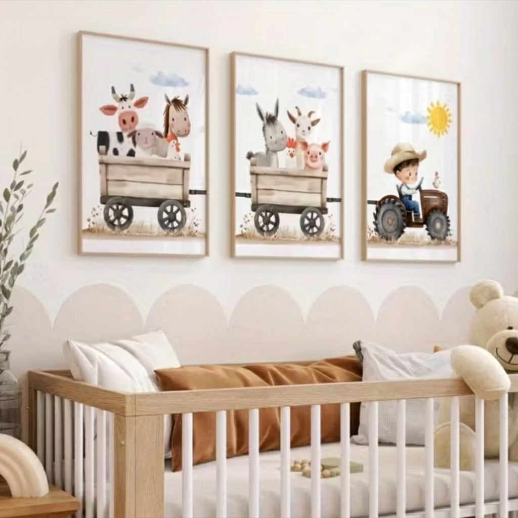 Set van 3 Canvas 'Jongen op Trekker met Dieren'