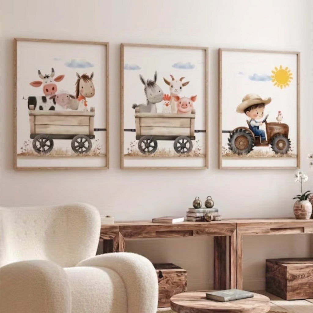 Set van 3 Canvas 'Jongen op Trekker met Dieren'