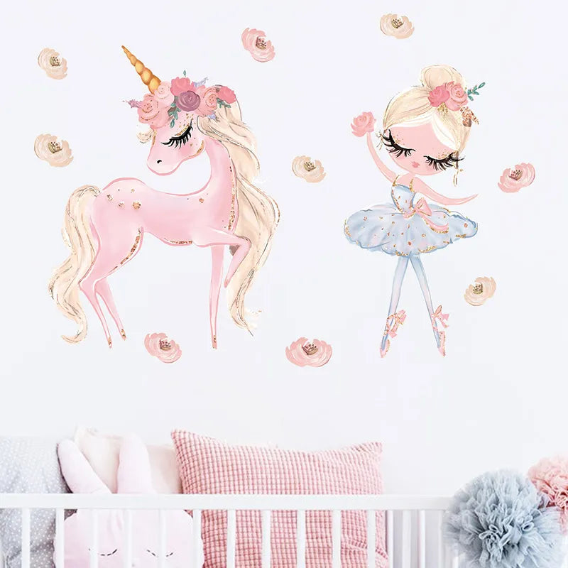 Muursticker van een ballerina en unicorn