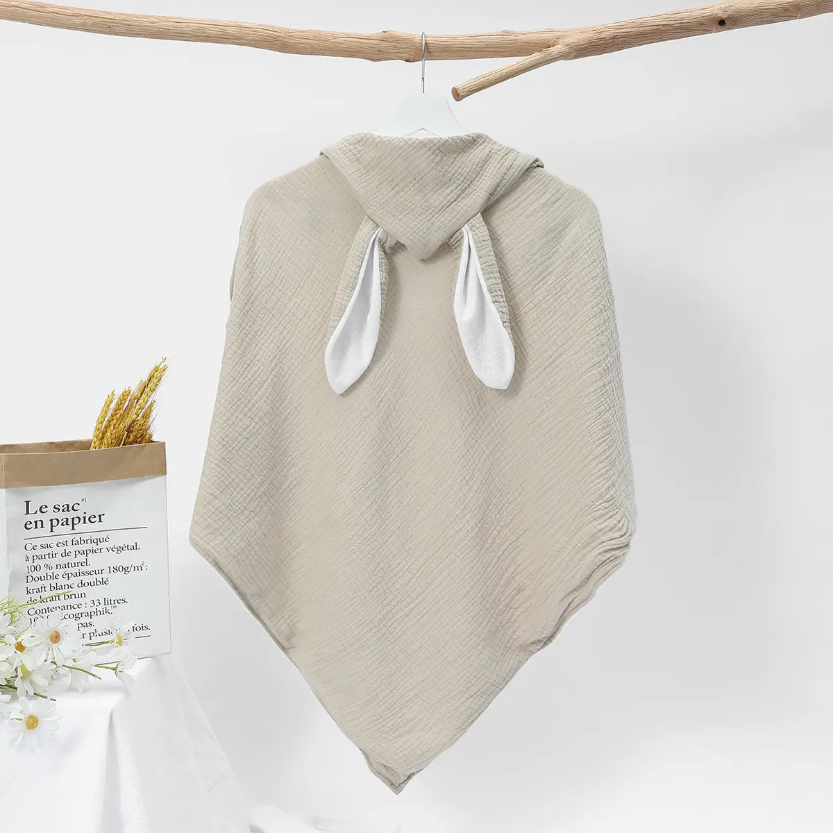 zachte baby Badcape met Konijnen Oren khaki hydrofiel