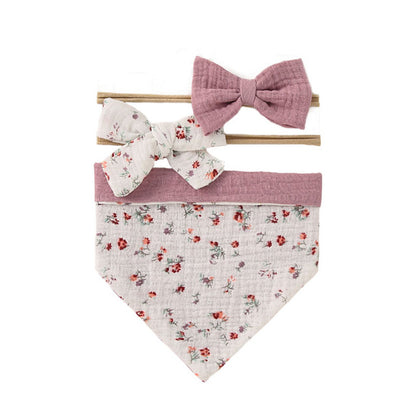 baby hydrofiel Bandana Slab + 2 Haarbanden roze met bloemen