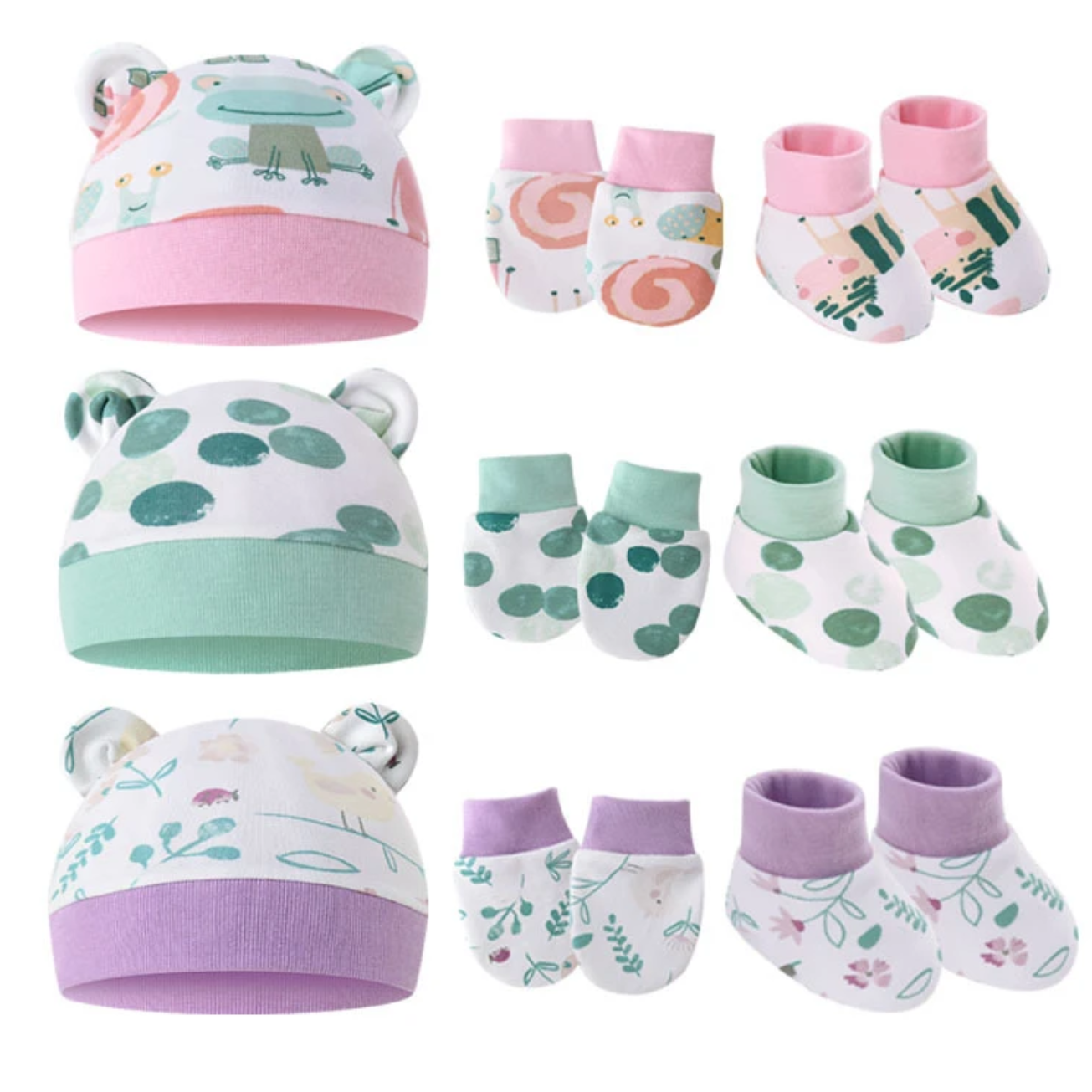 katoenen baby Set: muts, wantjes en sokjes