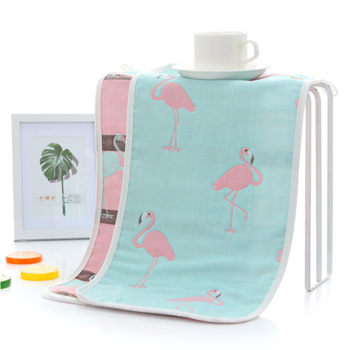 6 laags mousseline handdoek doek maat 25x50 met blauwe flamingos