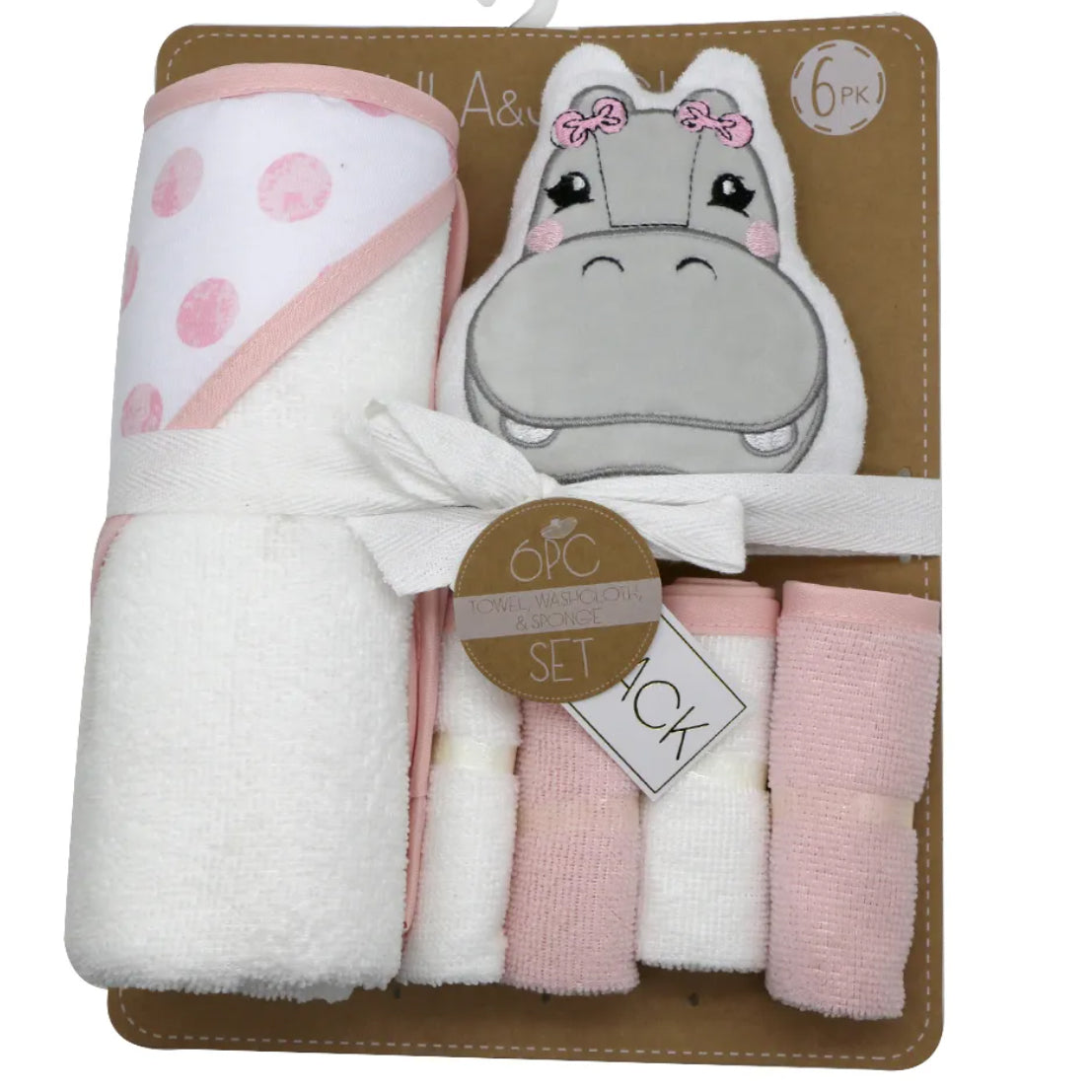 nijlpaard bad set met spons en vier doekjes en een badcape met roze stippen