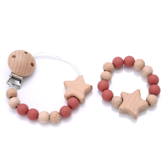 baby Set: houten Speenkoord met Bijtring kleur rood